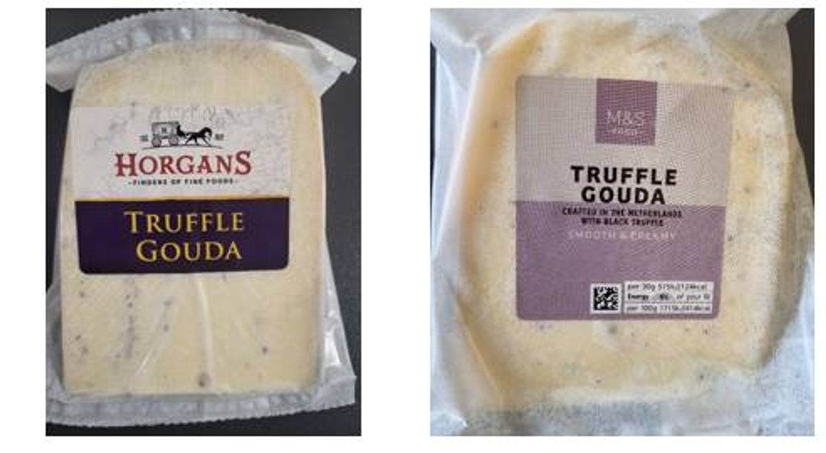 The image displays two packages of truffle-flavored gouda cheese. The first package features a white background with a label that reads "TRUFFLE GOUDA" in bold black text, accompanied by the brand "HORGANS" above it. The second package has a similar white background and a label with the text "TRUFFLE GOUDA" in a slightly different font, with additional information on the packaging. Both packages appear to be vacuum-sealed in clear plastic.