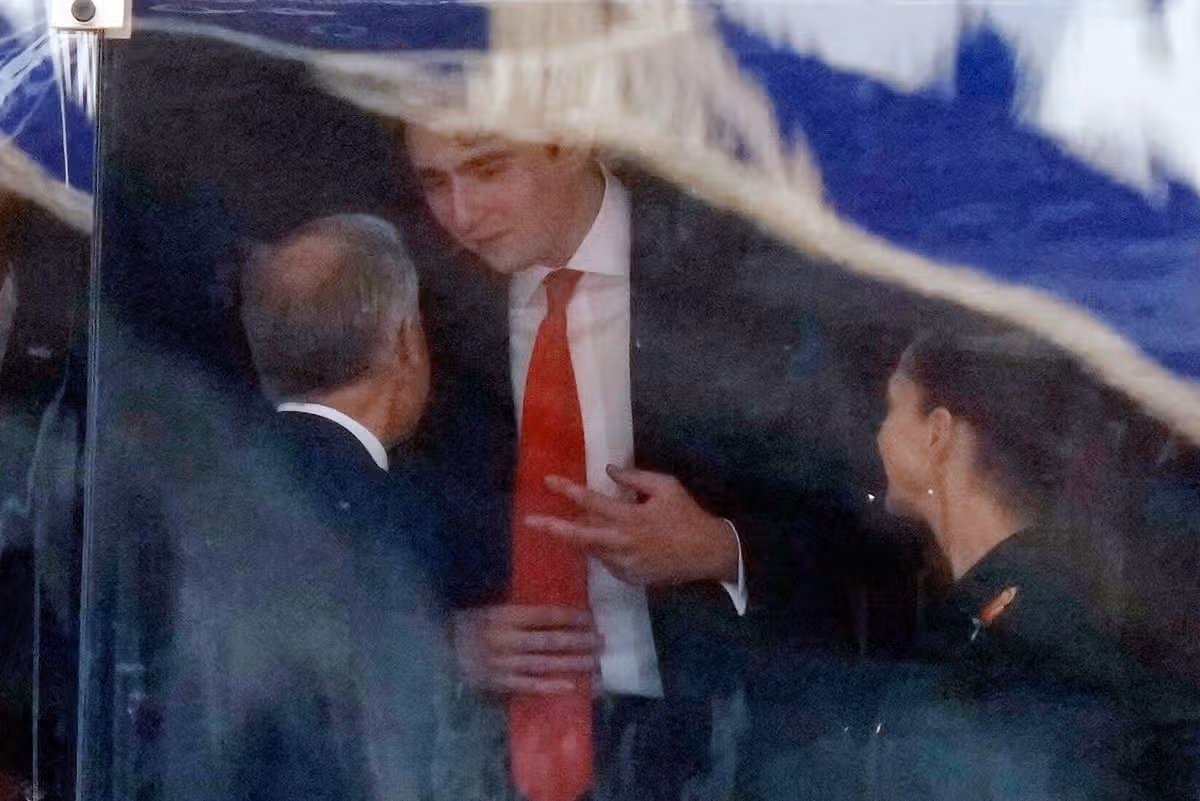Canada Prime Minister Mark Carney talks with Barron Trump during the FIFA World Cup final action, in East Rutherford, N.J., on Saturday, July 19, 2026