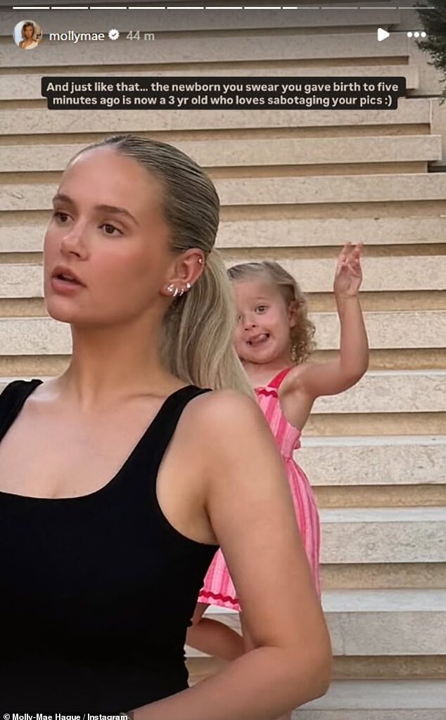 Molly-Mae Hague's daughter Bambi sneakily photobombed her influencer mum's snaps as the star joked she 'loves sabotaging' her pics in Instagram post on Monday