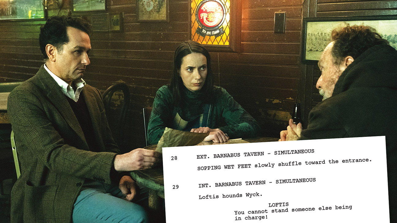 From left: Matthew Rhys as Tom Loftis, Kate O’Flynn as Patricia and Stephen Root as Wyck in the first episode of Apple TV’s Widow’s Bay.