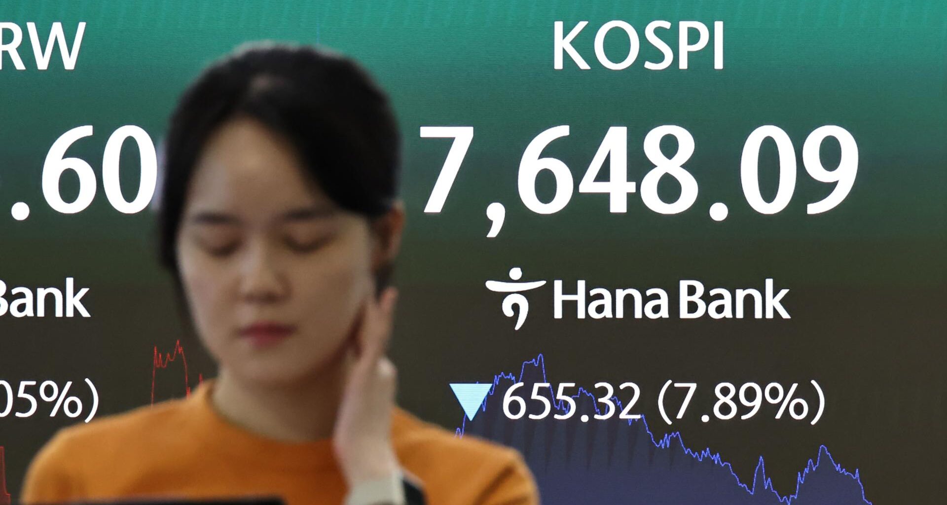 The KOSPI index is displayed in the dealing room of Hana Bank in Seoul, Thursday. The benchmark bourse closed at 7,648.09, down 7.89 percent from the previous session. Yonhap