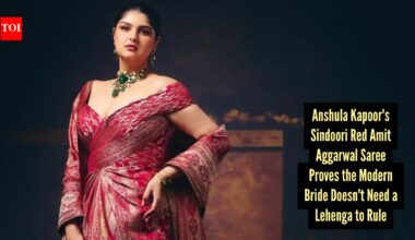 Anshula Kapoor's sindoori red Amit Aggarwal reception saree redefines modern bridal fashion with a couture twist