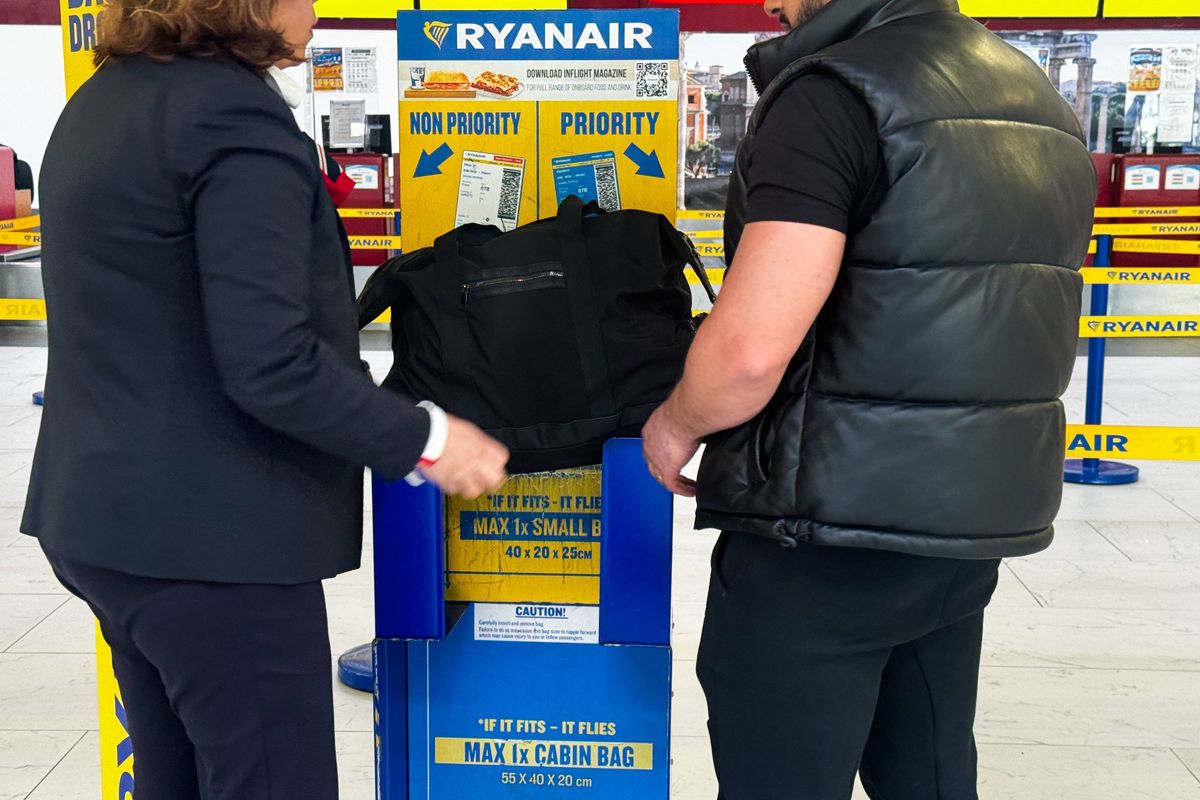 Ryanair bag sizer is seen at Rome Ciampino Airport in Ciampino, Italy on April 27, 2025. (Photo by Jakub Porzycki/NurPhoto via Getty Images)
