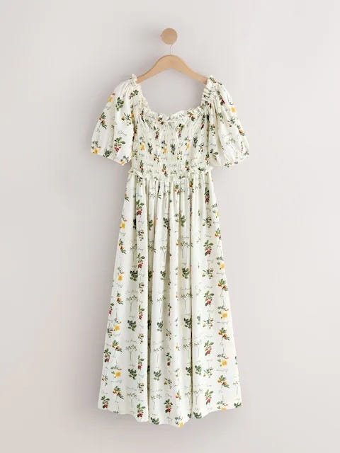 Ecru Floral Cherry Print Puff Sleeve Shirred Midi Dress