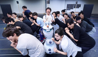 The Korean cast of the musical “Frozen,” featuring Han Gyu-jung as Olaf, Shin Jae-beom as Kristoff and Park Jin-joo as Anna rehearse in Seoul, July 7. Courtesy of S&Co