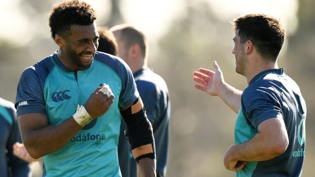 15 July 2026; Robert Baloucoune and Jimmy O'Brien during Ireland Rugby squad training at King's College in Auckland, New Zealand. Photo by Brendan Moran/Sportsfile