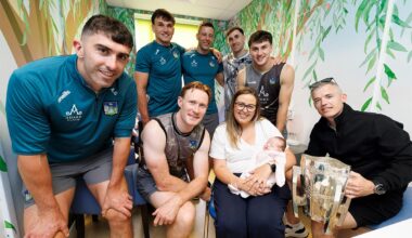 Pictured as the Limerick All Ireland Hurling Champions visit Crumlin Children’s Hospital with the Liam McCarthy Cup Sofia Dunne (3weeks) from Clondalkin with parents Colm and Karen. Pic: Andres Poveda