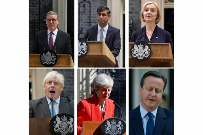 file-this-combo-of-file-photos-show-the-former-prime-ministers-of-britain-since-2016-during-their-resignation-speeches-outside-10-downing-street-in-london-top-row-from-left-keir-starmer-rishi-su