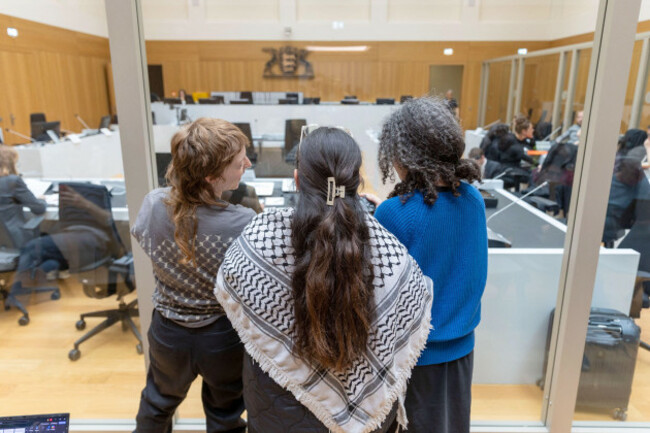 stuttgart-germany-27th-apr-2026-trial-observers-stand-in-the-higher-regional-court-where-five-pro-palestine-activists-aged-between-25-and-40-are-on-trial-they-are-accused-of-among-other-thing