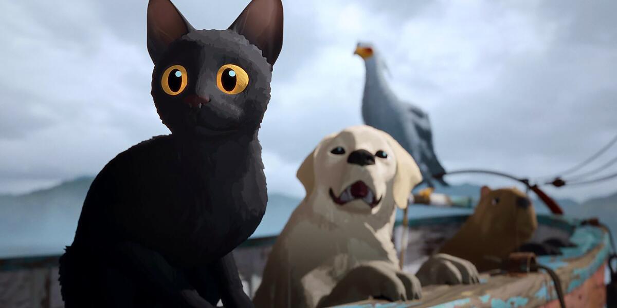 An animated rendering of a black cat, a yellow Labrador retriever, a capybara and a secretary bird on a boat. 