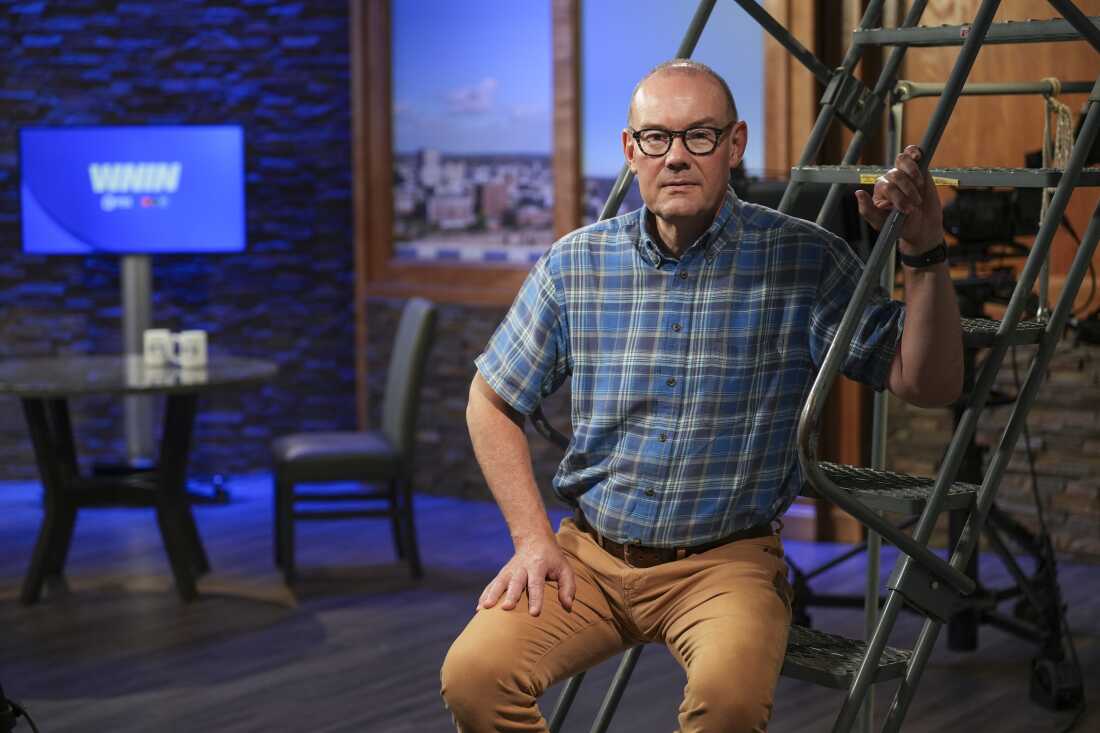 WNIN Station Manager Tim Black on set at the WNIN Tri-State Public Media headquarters Monday, July 20, 2026 in Evansville, Ind. (Chris Howell for NPR)