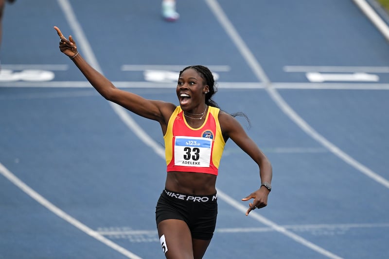 Rhasidat Adeleke celebrates after winning the women's 200m final on Saturday. Photograph: Mark Kavanagh/Sportsfile
