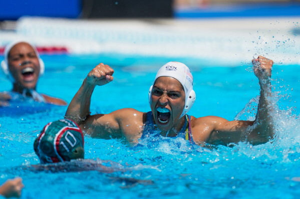 Colombia's Daniela Marin celebrates a goal against Mexico for the women's water polo gold medal at the Central American and Caribbean Games in Santo Domingo, Dominican Republic, Sunday, July 26, 2026. (AP Photo/Fernando Vergara)