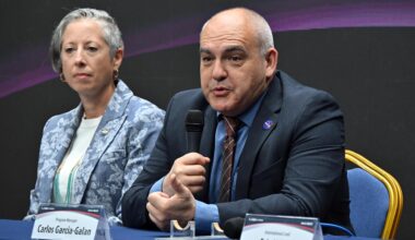 NASA Moon Base Program Manager Carlos Garcia-Galan, right, speaks during a press conference hosted by the Korea AeroSpace Administration (KASA) in Seoul, Wednesday. Chief Architect Nujoud Merancy joined Garcia-Galan at the event. Courtesy of KASA