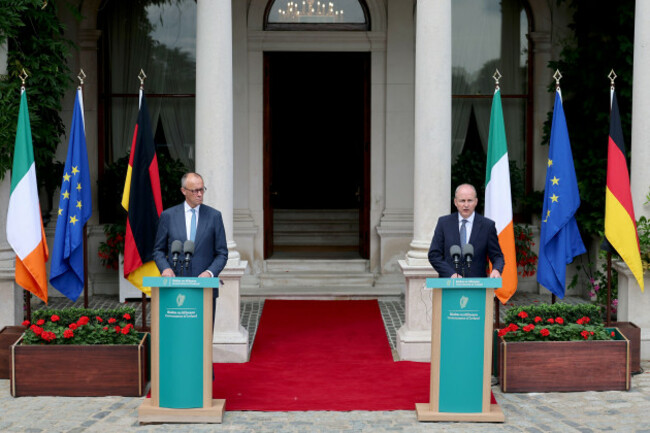 taoiseach-micheal-martin-and-german-chancellor-friedrich-merz-speaking-to-members-of-the-media-at-farmleigh-house-dublin-during-the-chancellors-visit-to-ireland-picture-date-tuesday-july-28-2026