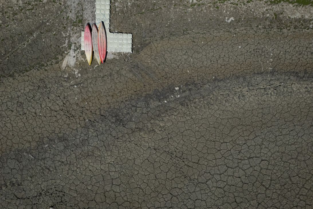 This aerial photograph shows the dry riverbed of the Doubs river on July 9, 2026, in Villers-le-Lac, eastern France.