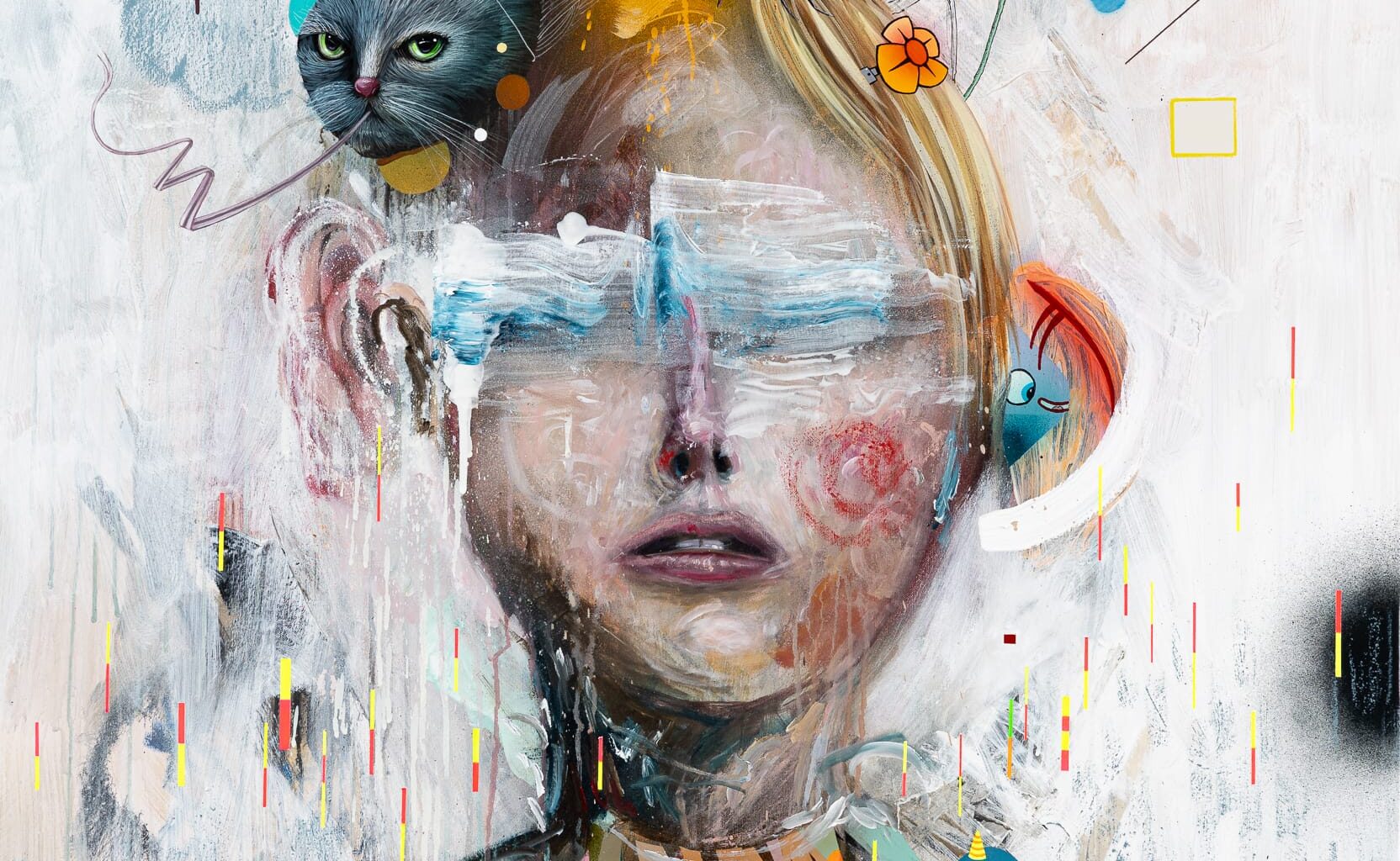 a portrait of a figure with eyes blurred and a cat wearing a party hat plus graphic elements and flowers
