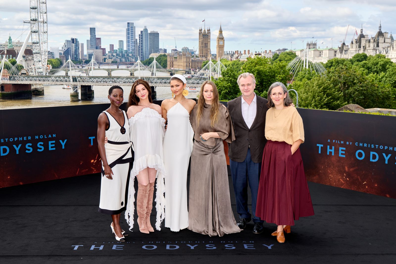 LONDON ENGLAND JULY 05 Lupita Nyong'o Anne Hathaway Zendaya Samantha Morton Christopher Nolan and Emma Thomas on July...