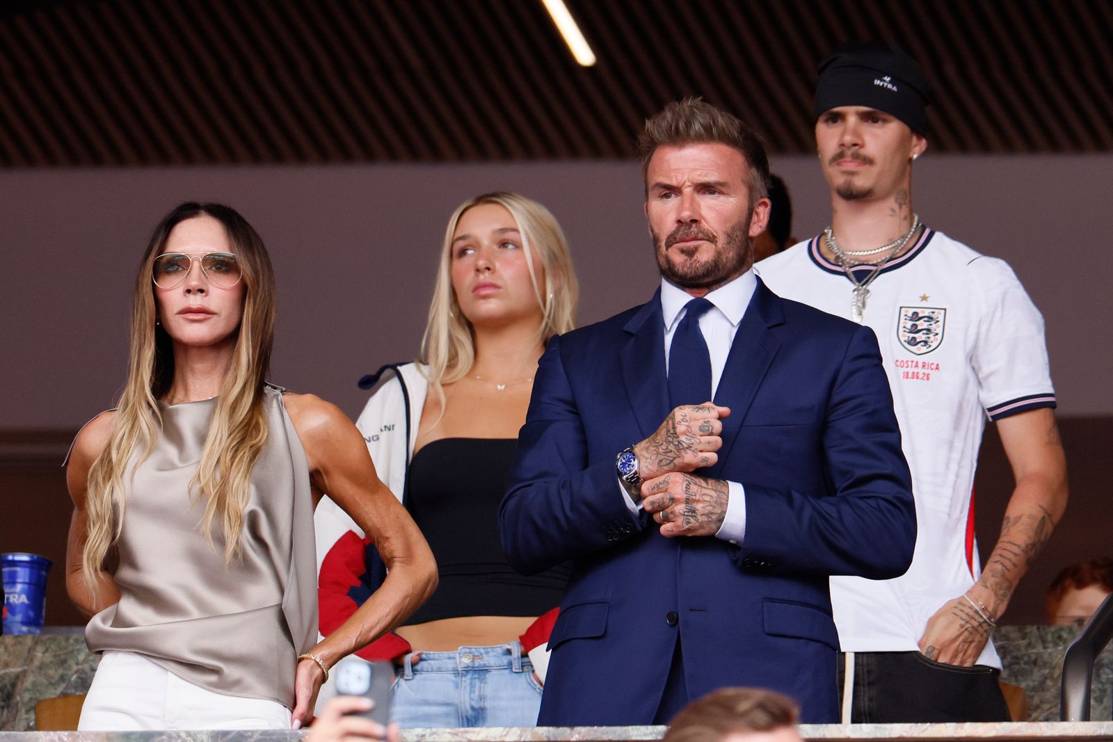 MIAMI GARDENS FLORIDA  JULY 11 Victoria Beckham Harper Beckham Sir David Beckham and Cruz Beckham look on from the stand...
