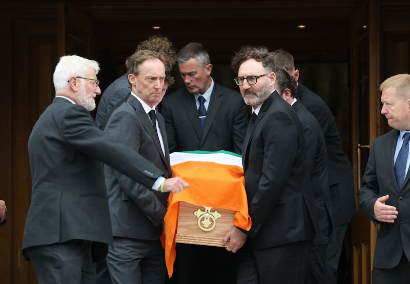 Barry Andrews and David McSavage at the funeral of their father, former Fianna Fáil TD and minister for foreign affairs David Andrews, at St John the Baptist Church in Blackrock. Photograph: Alan Betson

