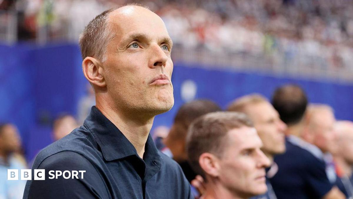 A close-up picture of England head coach Thomas Tuchel looking thoughtful on the touchline in the World Cup semi-final against Argentina