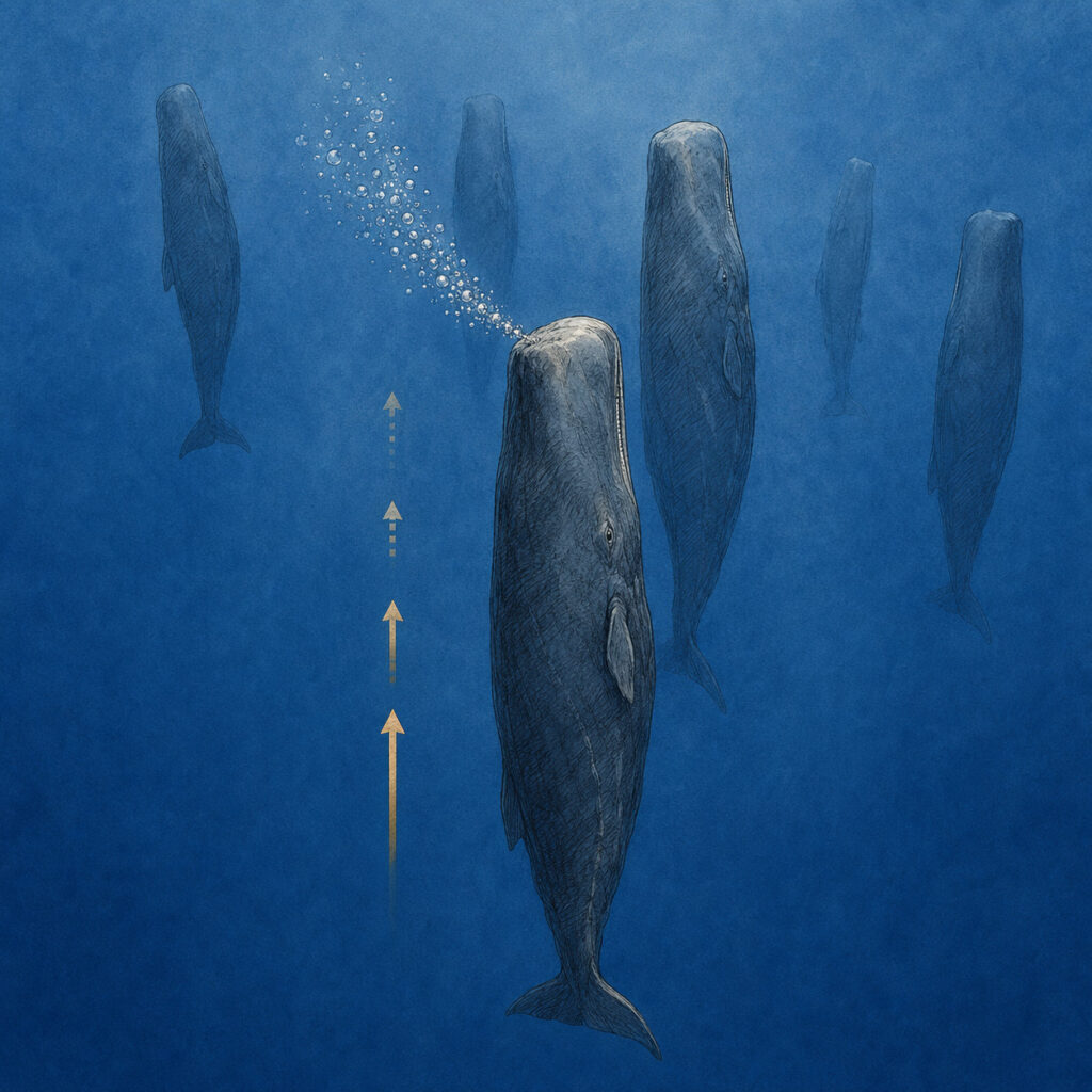 AI Illustration of sperm whales resting upright and using bubbles to maintain the position