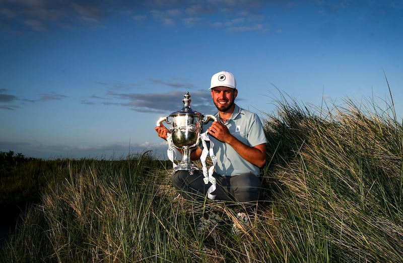 David Howard celebrates winning the East of Ireland Mens Amateur Open. Photograph: Bryan Keane/Inpho