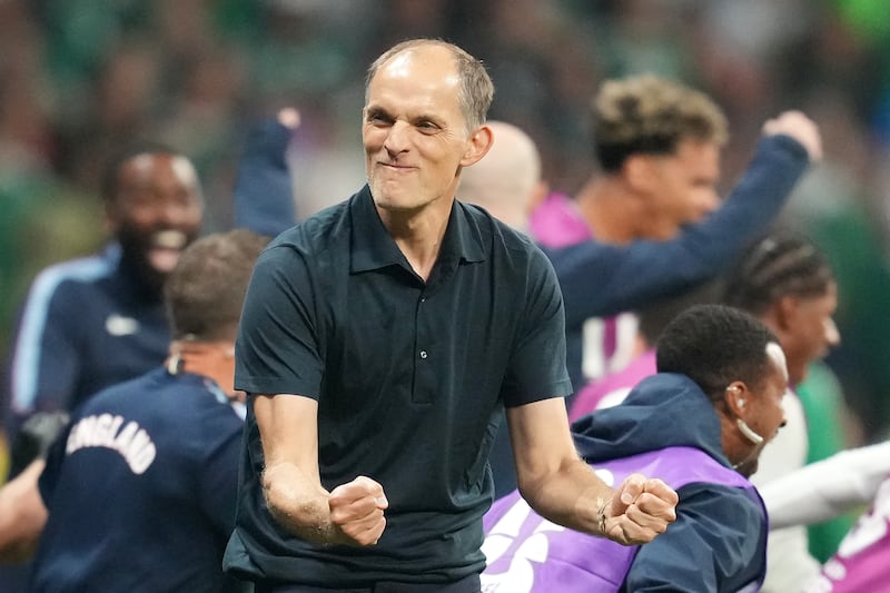 England head coach Thomas Tuchel celebrates at the full-time whistle. Photograph: Nick Potts/PA