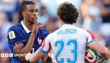 France forward Michael Olise clashes with Paraguay's Matias Galarza during their last-16 tie at the 2026 World Cup