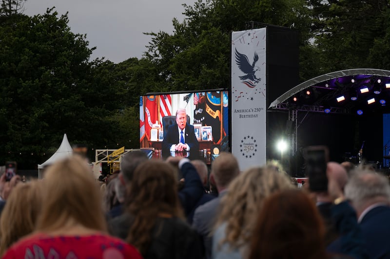 Donald Trump makes a video address to 4,000 guests attending the US independence day party hosted by ambassador Ed Walsh at his residence in Phoenix Park. Photograph: Paulo Nunes dos Santos