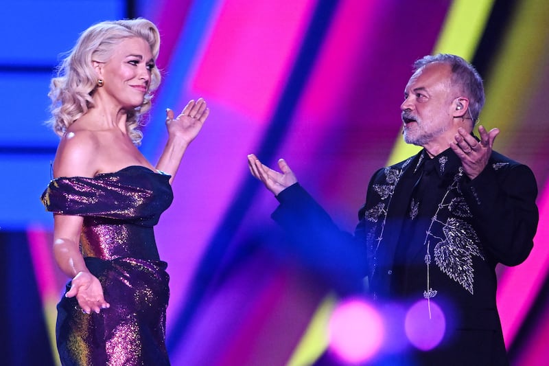 Hannah Waddingham and Graham Norton during the final of the Eurovision Song contest 2023. Photograph: Oli Scarff/Getty Images