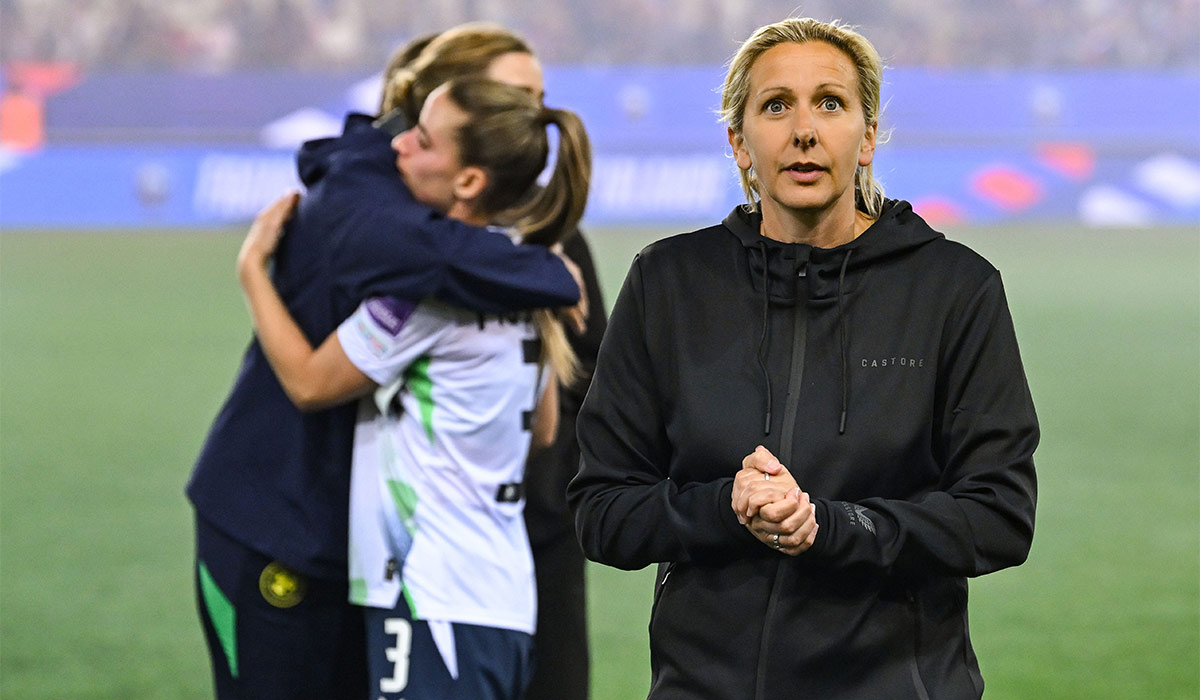 Republic of Ireland head coach Carla Ward acknowledges her side's supporters after the 2027 FIFA Women’s World Cup Qualifier match between France and Republic of Ireland at Stade des Alpes in Grenoble, France. Pic: Stephen McCarthy/Sportsfile