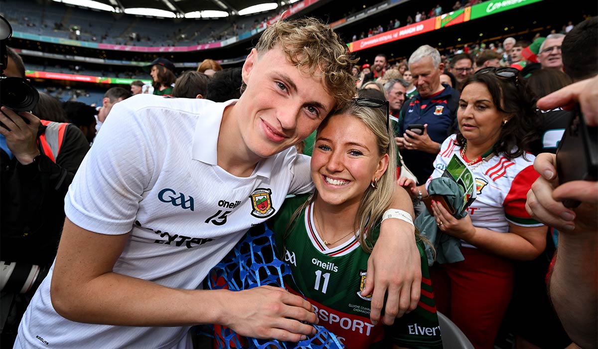 Kobe McDonald of Mayo celebrates with his girlfriend Leah Maheady after the GAA Football All-Ireland Senior Championship final match between Kerry and Mayo at Croke Park in Dublin. Pic: Stephen McCarthy/Sportsfile