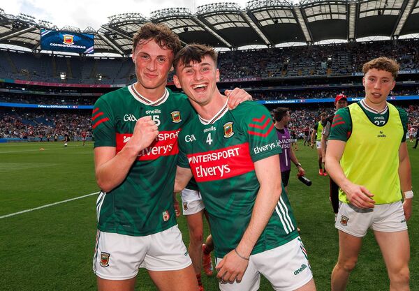 GAA All-Ireland Senior Football Championship Quarter-Final, Croke Park, Dublin 27/6/2026 Cork vs Mayo Mayo’s Kobe McDonald and Eoin McGreal celebrate after the game Mandatory Credit ©INPHO/James Crombie