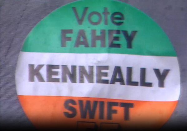 A badge from the 1989 General Election showing the Kenneally name. The Kenneally family were a political dynasty probably unparalleled in Irish political life.