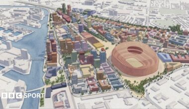 Visuals from a masterplan for Trafford Wharfside including Manchester United's new stadium