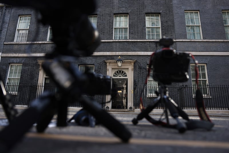 Remote cameras are placed at Downing Street, as members of the media gather in London. Photograph: Neil Hall/EPA