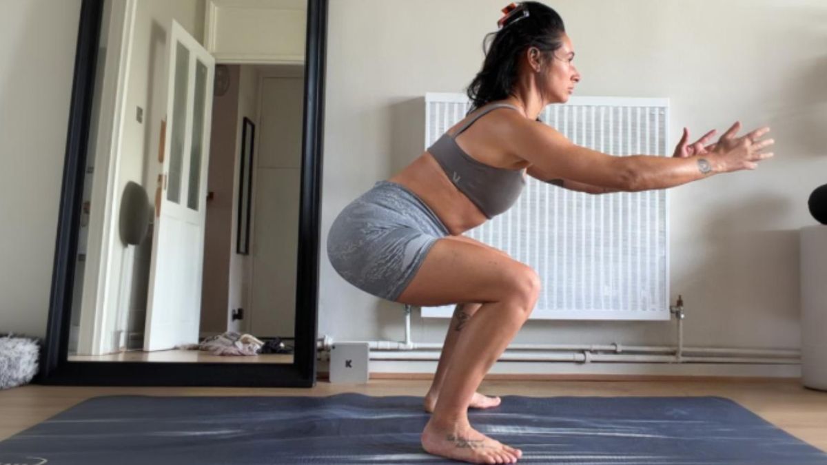 Sam performing a squat in two different scenarios one before an ankle mobility series and one after at home