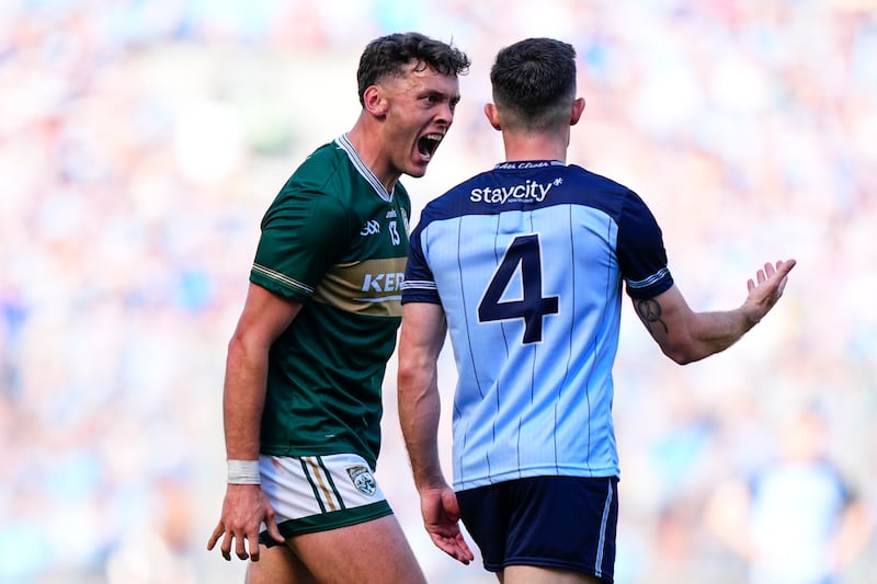 Kerry's David Clifford gets in the face of Dublin's David Byrne after a score. Photograph: James Lawlor/Inpho