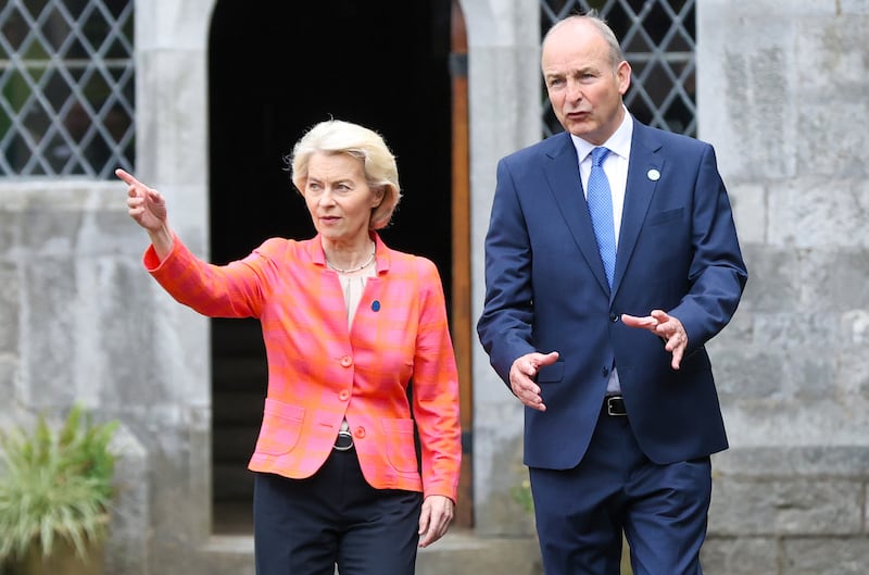 European Commission president Ursula von der Leyen and Taoiseach Micheál Martin in University College Cork on Friday. Photograph: Paul Faith/PA Wire