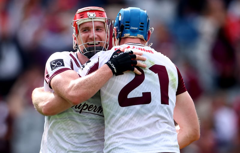 Galway’s Conor Whelan and Conor Cooney celebrate after the final whistle. Photograph: James Crombie/Inpho