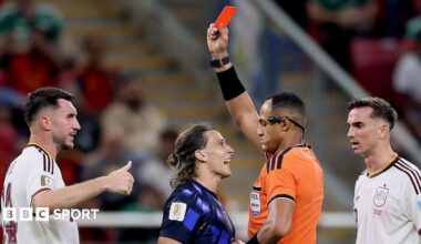 Ismail Elfath shows a red card to Agustin Canobbio