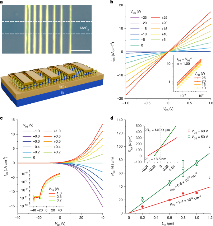 Fig. 1: ML-MoS2 FET and its electrical characteristics.