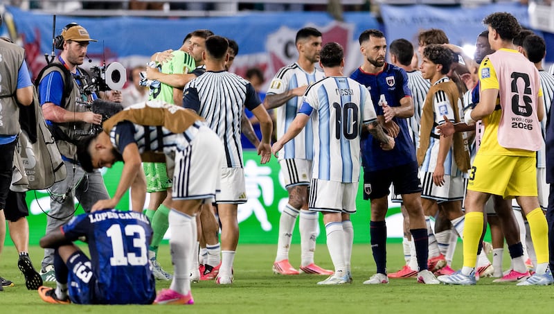Roberto Lopes of Cabo Verde with Lionel Messi of Argentina after the game. Photograph: Luciano Bisbal/Inpho