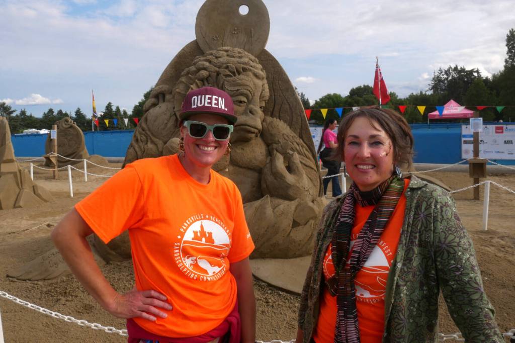 Hanneke Supply from Belgium and Helena Bangert from the Netherlands took first place in the doubles event at the Quality Foods Sand Sculpting Competition in Parksville on July 12. (Kevin Forsyth photo)