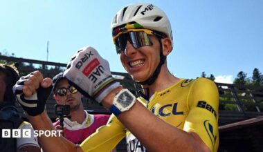 Tadej Pogacar celebrates after winning stage 10 of the 2026 Tour de France
