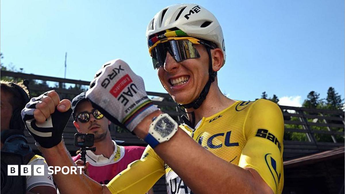 Tadej Pogacar celebrates after winning stage 10 of the 2026 Tour de France