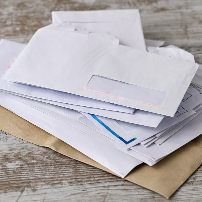 Clear counters stack of envelopes on a wooden surface