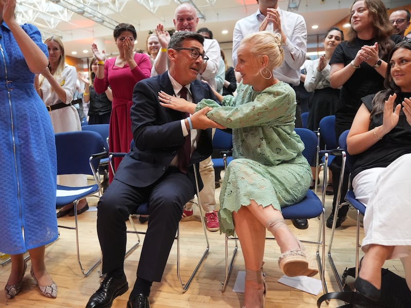 Burnham with his wife Marie-France van Heel after he was confirmed as the new leader of the Labour Party. Photograph: Yui Mok/PA Wire  