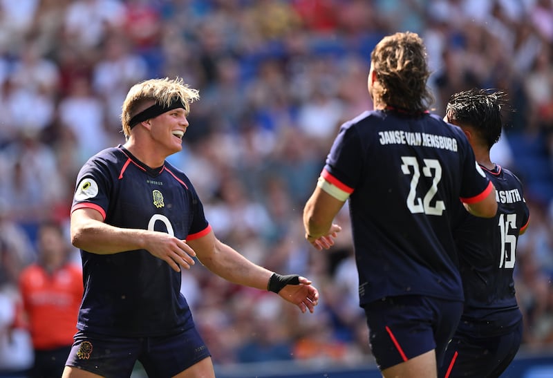 England’s Henry Pollock celebrates after scoring a try against Fiji. Photograph: Bruce Rollinson/PA